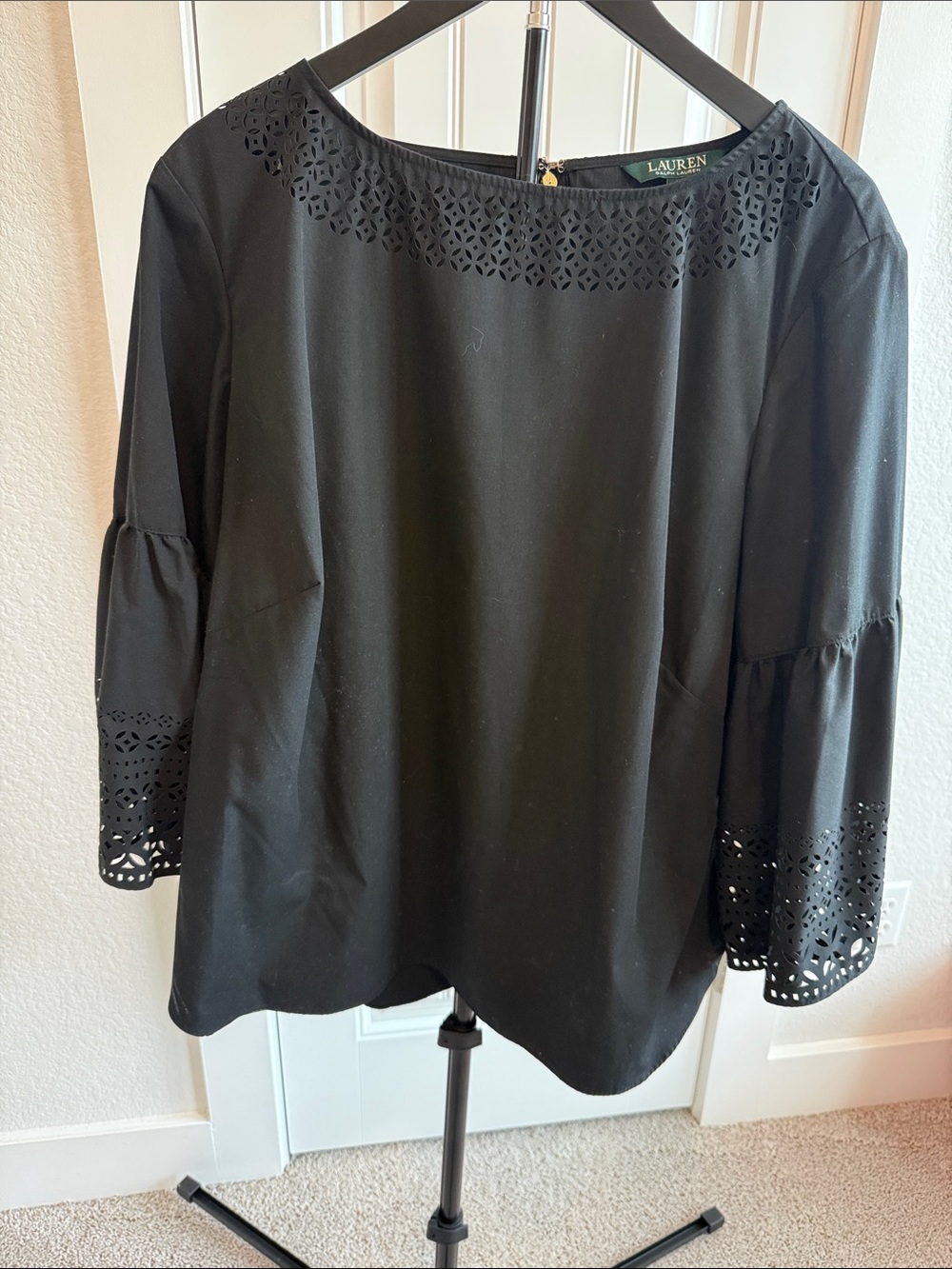 Lauren Ralph Lauren Black Laser-Cut Bell Sleeve Blouse